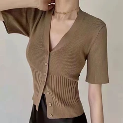 Women Short Sleeve Ribbed Knitted T-Shirt French Sexy V-Neck Button Down Cropped Cardigan Solid Color Slim Sweater Top