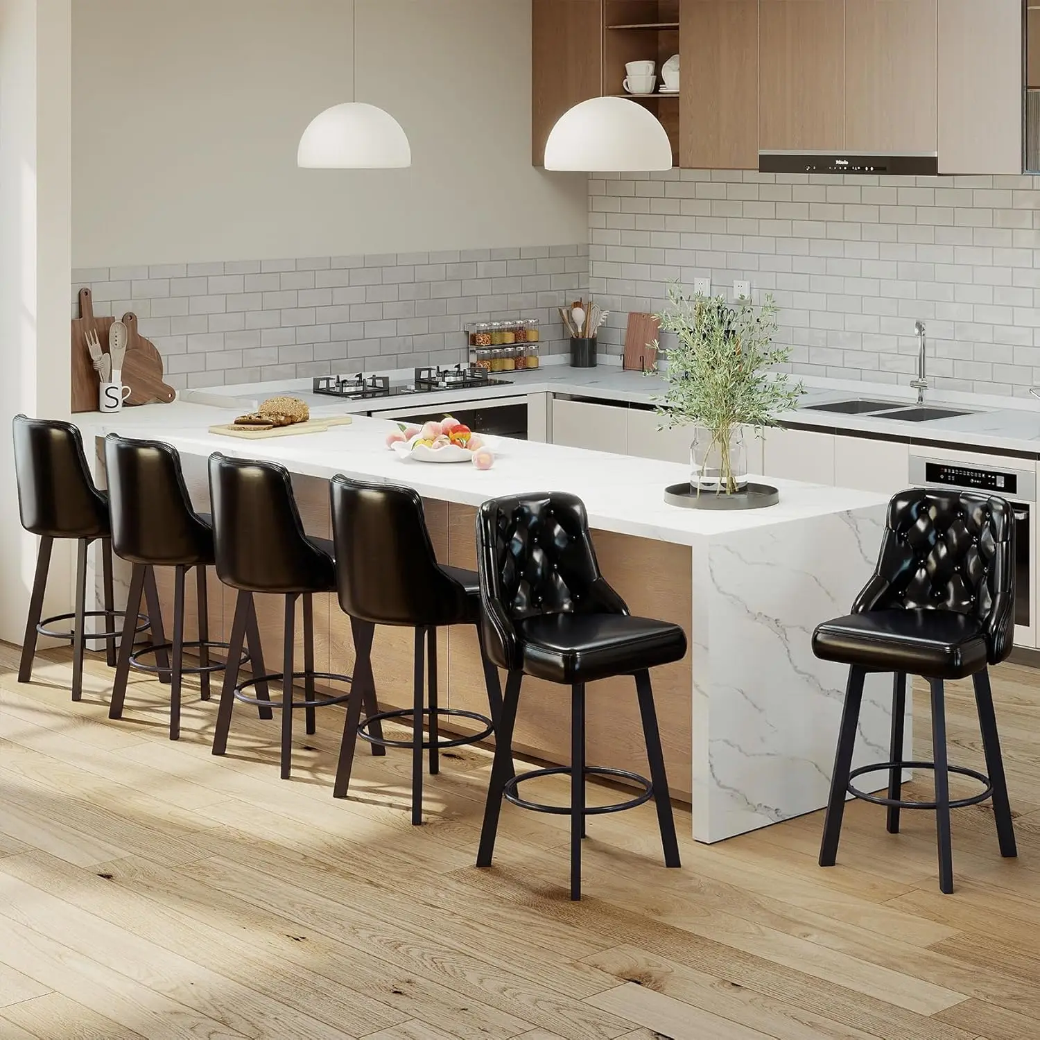 

26" Tufted Counter Height Bar Stool Set 6 w/ Back Footrest Metal Leg Faux Leather Kitchen Dining Pub Cafe, Customized