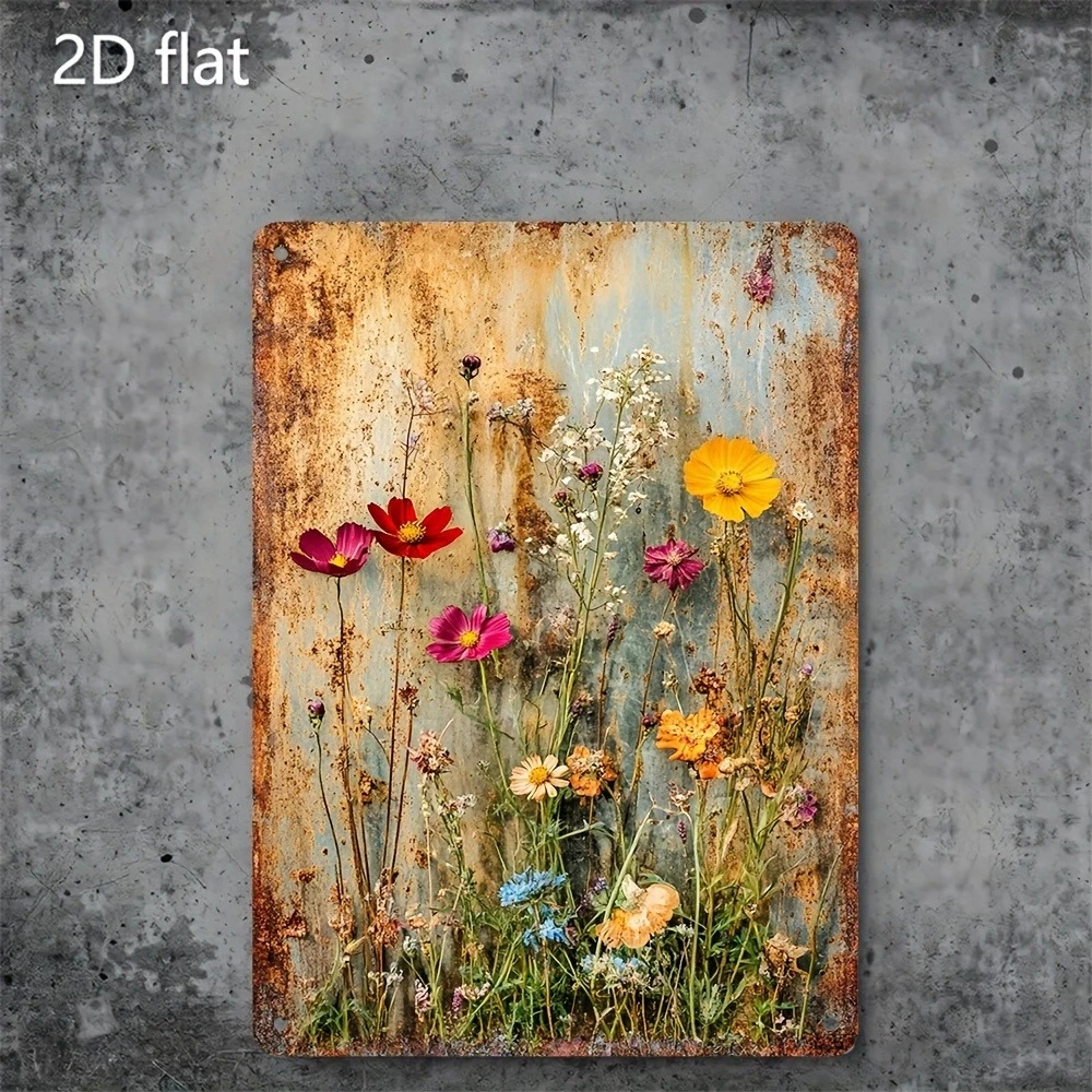 2D Flat, 2D Flat 1pc Vintage Floral Metal Sign Rust-Proof Wrought Iron Wall Art with Vibrant Wildflowers, Ideal for Home, Off