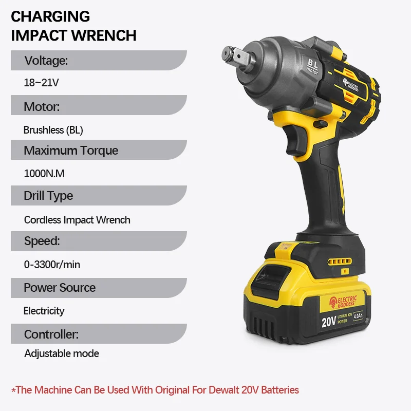 1000N·M High-torque Brushless Electric Wrench 1/2 Inch Impact Wrench Large Machine Service Tool For Dewalt 20V Battery Pin image 2