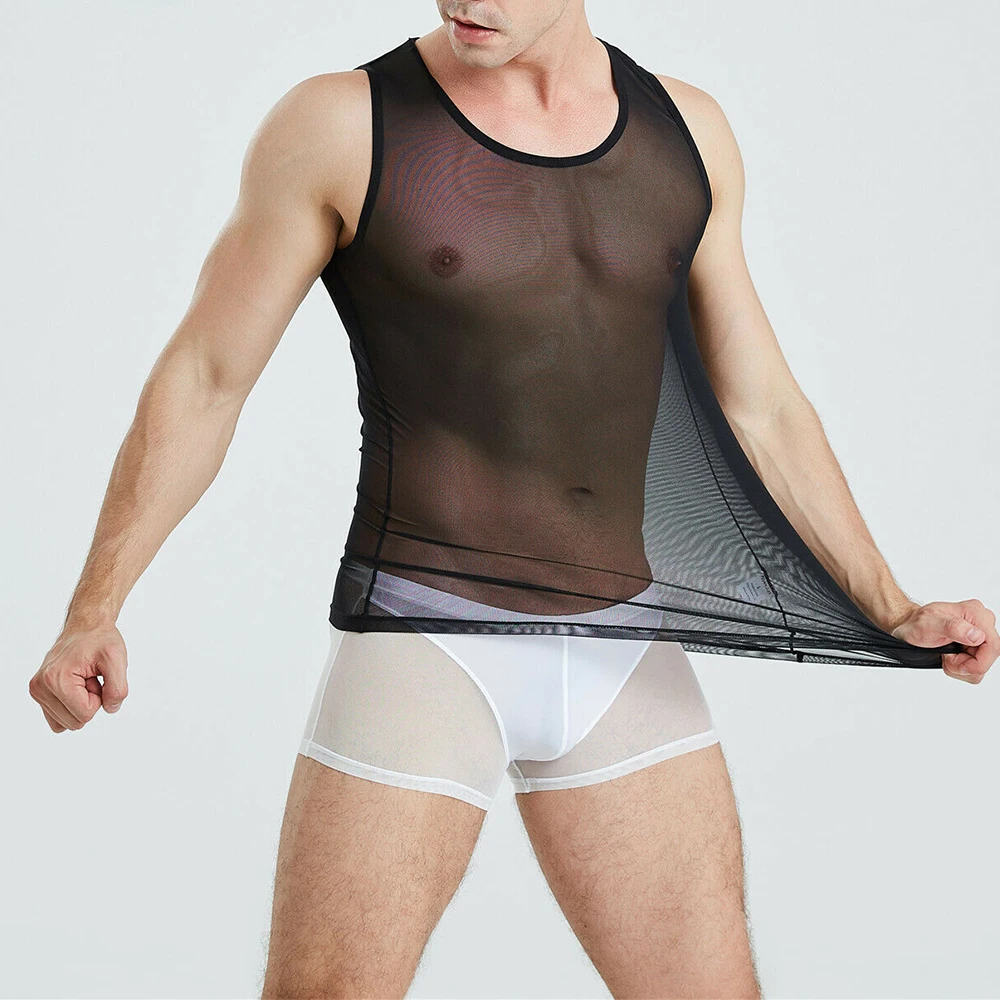 Mens Transparent Mesh Tank Tops See Through Sleeveless Shirts Elastic Gym Muscle Sport Tops Muscle String Vest Male Sheer Blouse