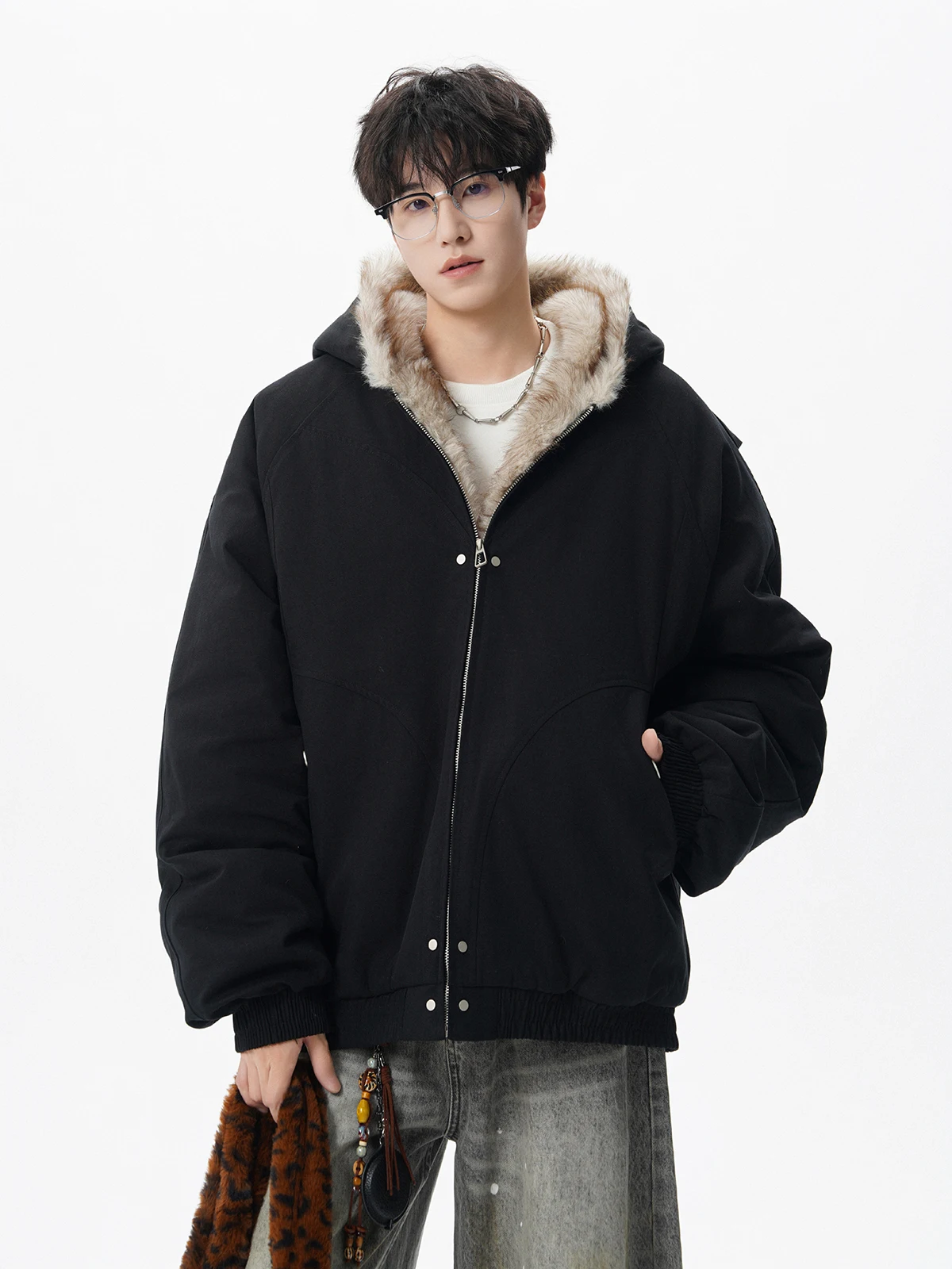 American Style Big Hat Faux Fur Collar Jackets Long Sleeve Parkas Men 2025 Autumn Trendy Warm Three-Dimensional Hooded Jackets