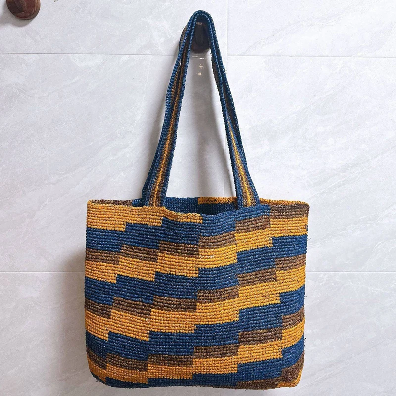 Bohemian Beach Straw Tote Bags For Women Luxury Designer Handbag Purse 2026 New In Grass Color Striped Pattern Underarm Shoulder