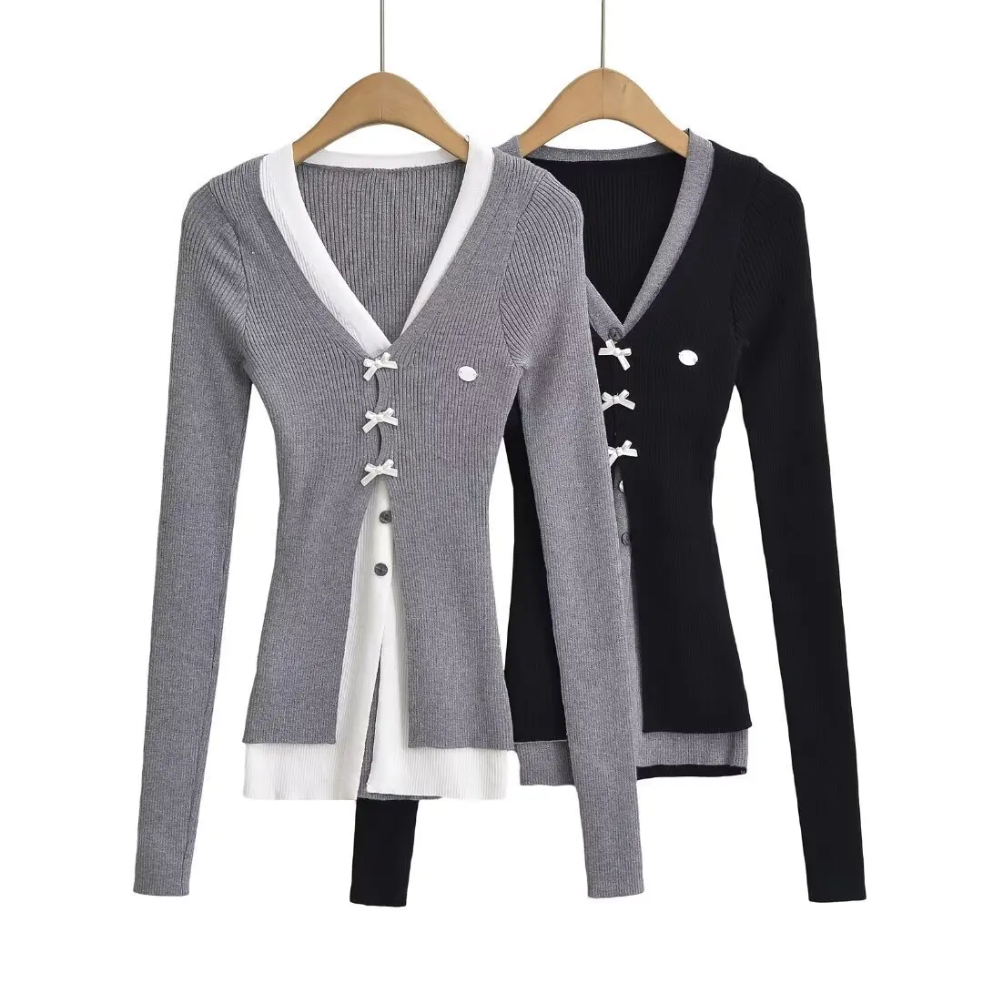 Women Long Sleeve Knitted  V neck Girl from Seoul Stitching Cardigan