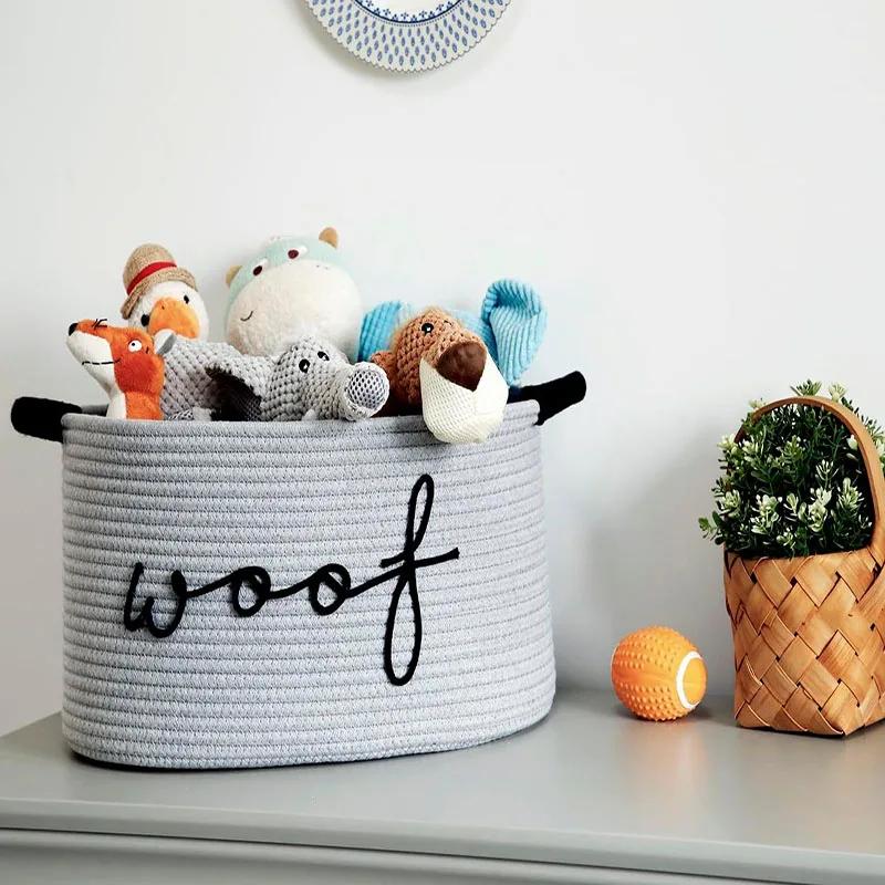 Woof Dog Toy Basket Woven Pet Baskets Storage Bin Box with Durable Handles Puppy Bins Perfect for Organizing Dog Toys