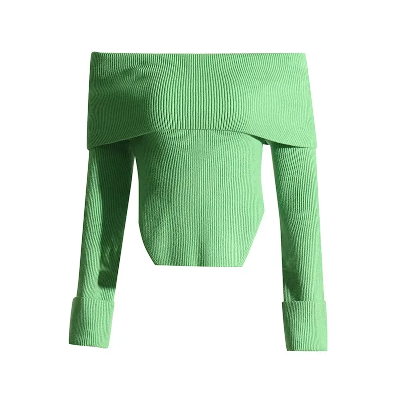 Ladies Ladies with All The Sweaters Spring New Chest Micro Design Side Waist Slit Long Sleeve One Line Collar Pullover Sweater