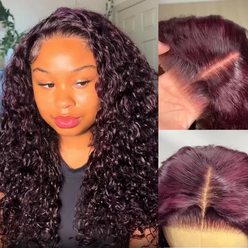 Klaiyi Hair 13x4 Black Cherry Dark Burgundy Water Wave Pre Everything Lace Frontal Wig With Invisible Drawstring