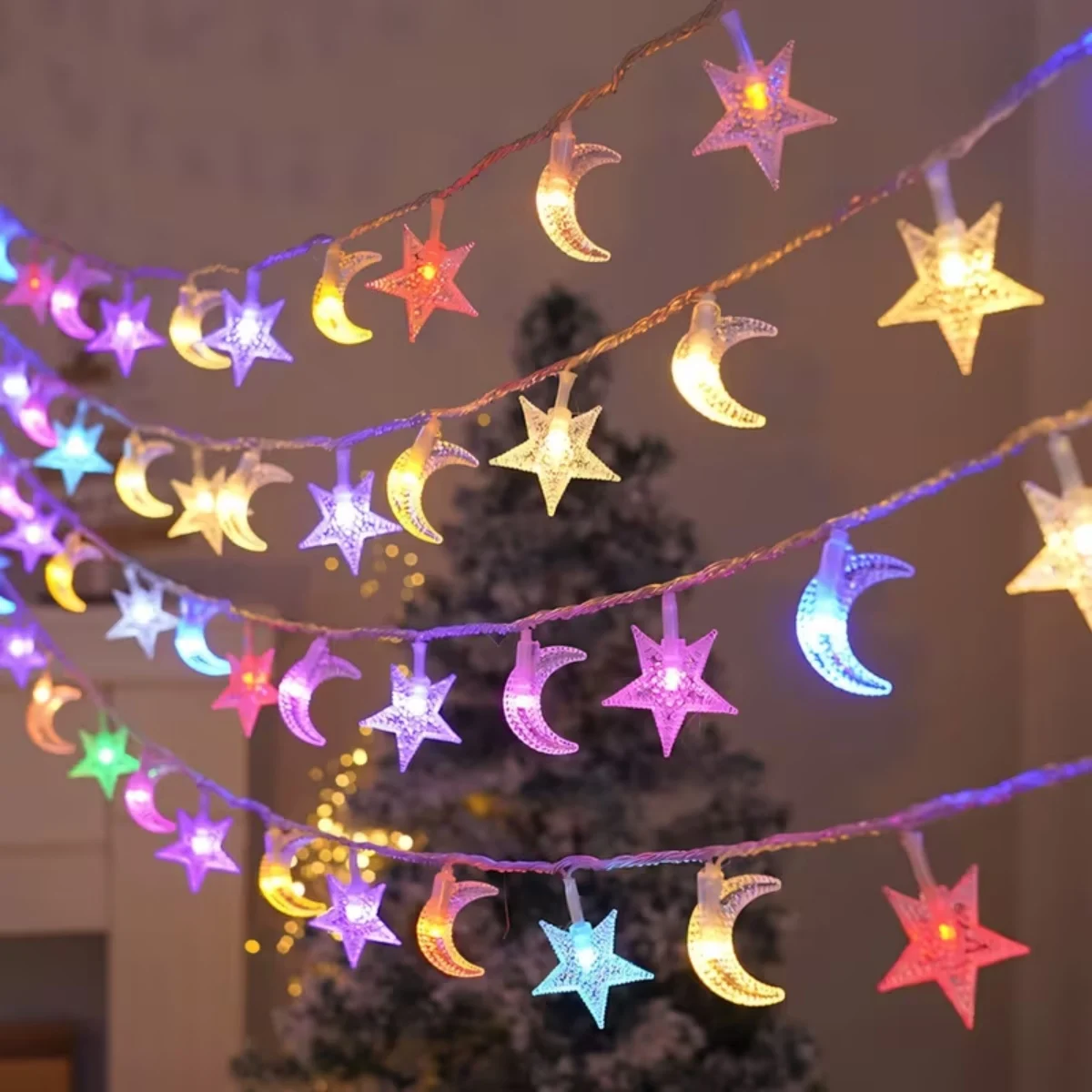 

1pc 10/20/40 LED Star and Crescent String Lights Battery Powered Ideal For Ramadan Mubarak Celebrations and Wedding Party Decor