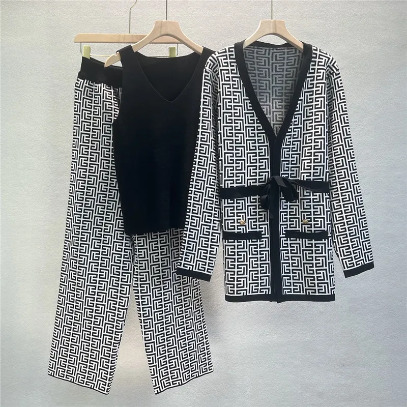 Spring Autumn Elegant Knit 3 Piece Set Women Vest Cardigan Pants Suit Casual Knitted Three Piece Women