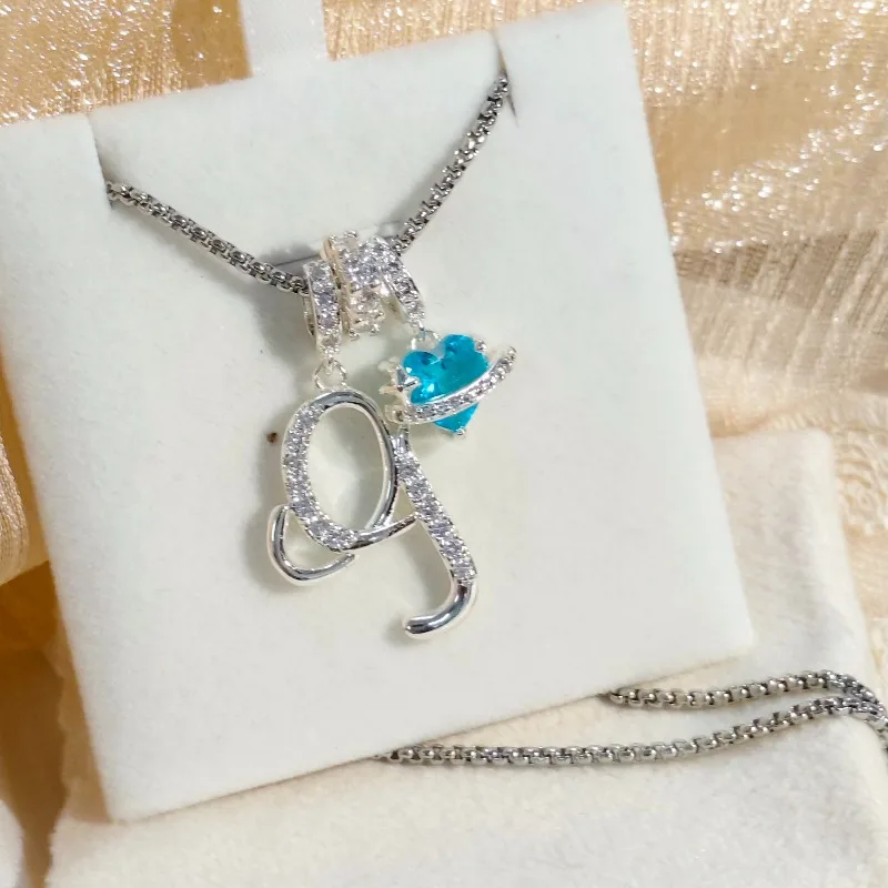 925 Sterling Silver Blue Heart Planet Bright Zircon Alphabet Personality Pendant Necklace Fashion Versatile Gift to Yourself