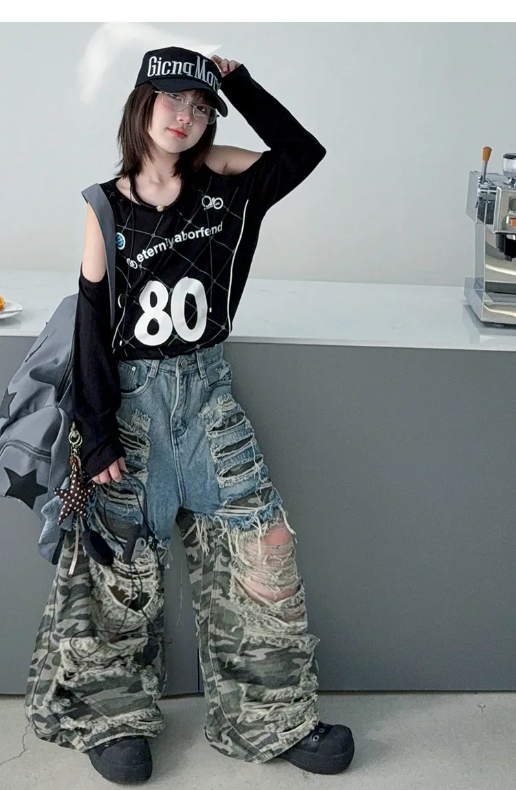 Sommer-Jeans für Teenager-Mädchen mit großen Löchern und Camouflage-Muster, Größe 4-14, Junior Hip-Hop Jazz Street Dance Kinderhose mit weitem Bein, Kinderhose – Detail 5