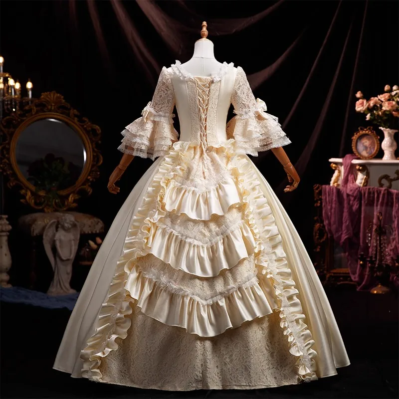 Customized Champagne Women Medieval Court Evening Dresses Lace Shiny Renaissance Masquerade Costume Theater Prom Party Gowns