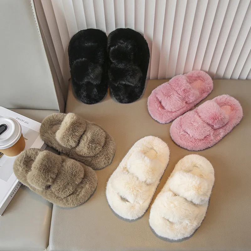 Korean Style Baby Girls Slippers Autumn Winter Plush Soft Sole Warm Non‑Slip Children House Shoes Indoor Slippers Footwear