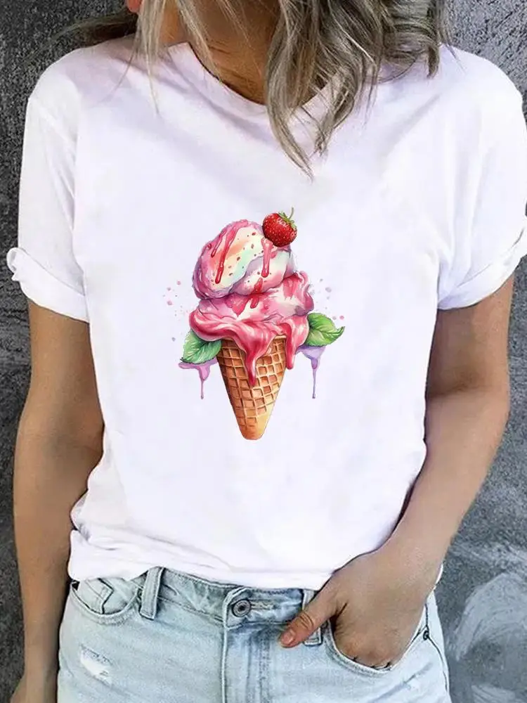 Camiseta estampada de manga curta feminina, roupa feminina, tendência labial, roupa estilo adorável anos 90, camiseta básica, moda