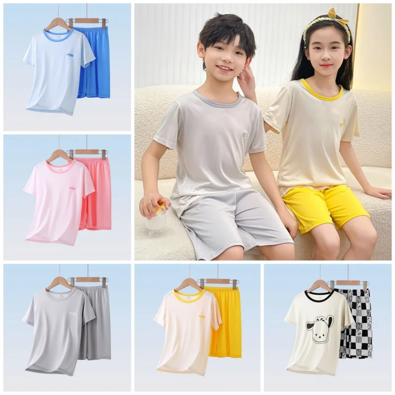 【LF】Kids Teenagers Short Sleeve Pajamas Set Lyocell 100-170cm T-Shirts + shorts Loungewear Set for Summer