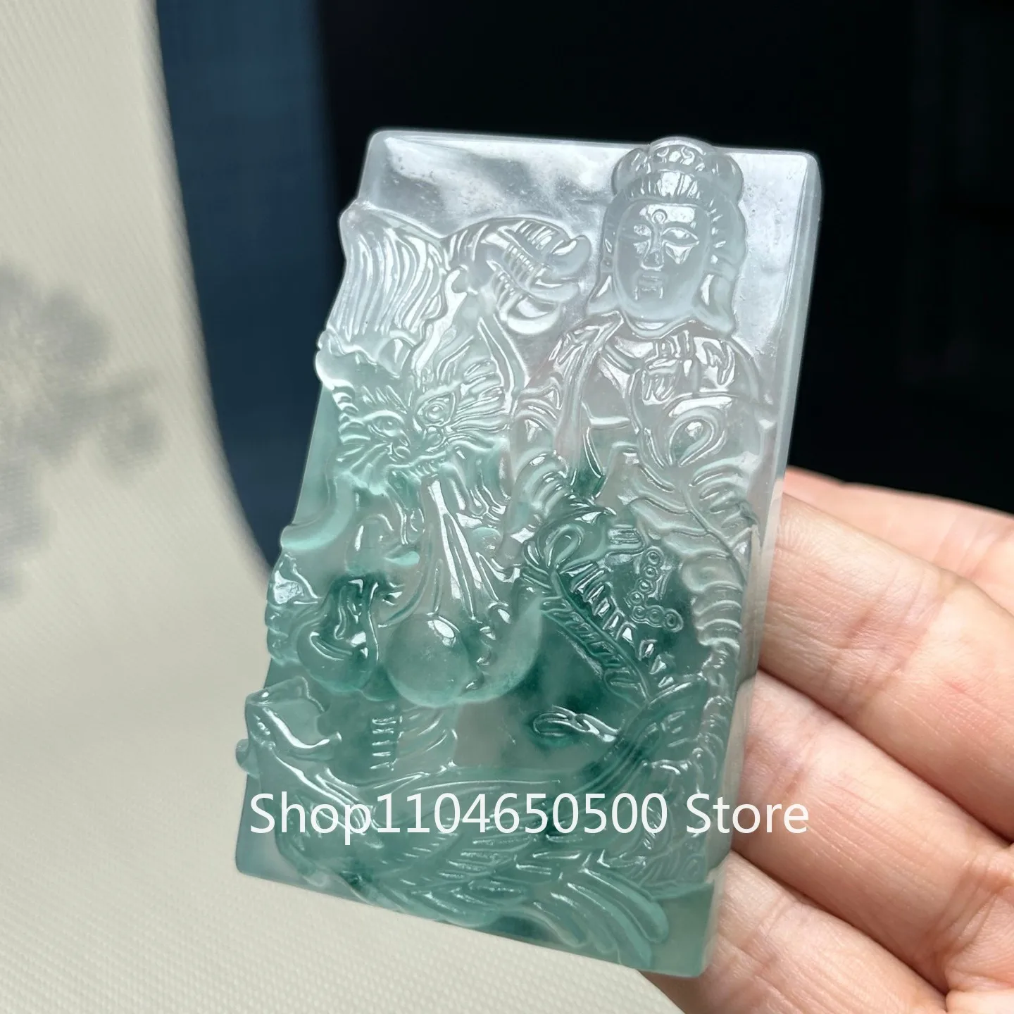 

Certified Natural ice green Jade Jadeite Dragon & Kwanyin Pendant & Necklace Royal Dragon Guanyin