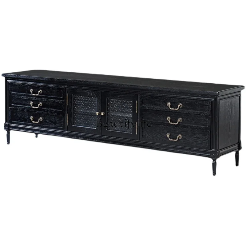 

American solid wood carving black retro TV cabinet light luxury simple small apartment