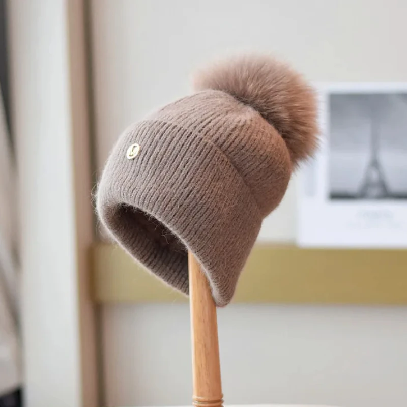 

New Winter fox Fur Pompom Hats Women Angola Rabbit Beanie Hat Women Knitted Wool Hats Outdoor Thick Warm Hat Casual Fashion Cap