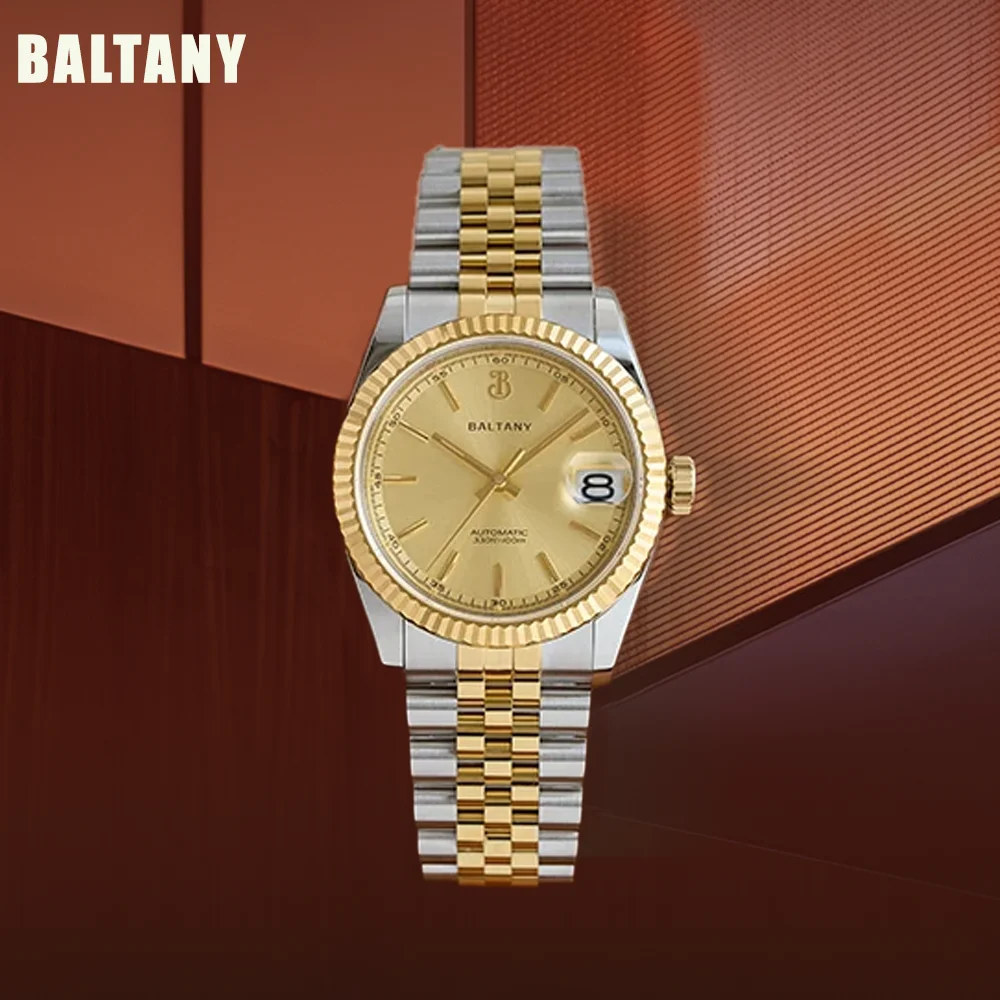 Retro 36mm Gold Dress Watch S4084 Fluted Bezel Cyclops Date Waterproof 10ATM Bracelet NH35 Automatic Mechanical Wristwatch Men