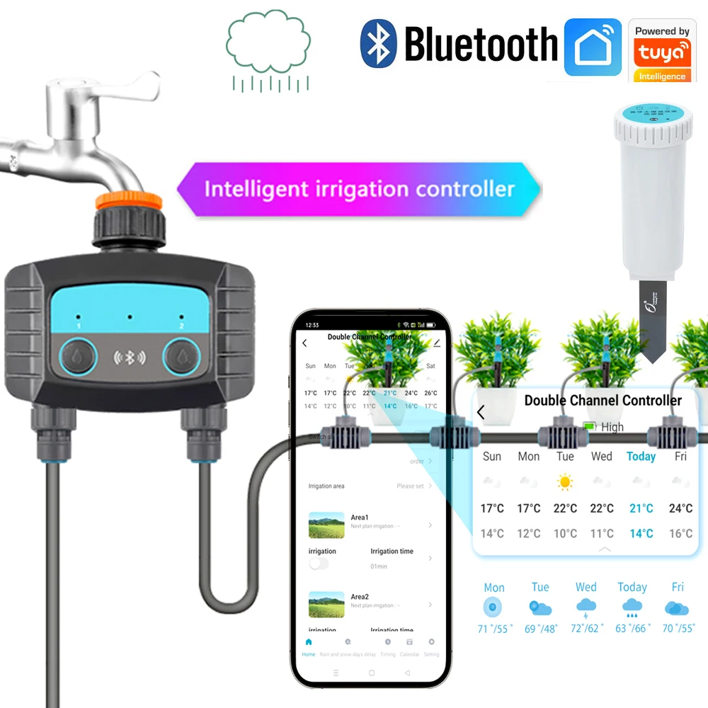 Inteligentny kontroler nawadniania Tuya Bluetooth Dwukanałowy zegar nawadniania Ogród Współpracuje z czujnikiem temperatury i wilgotności gleby