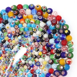 4/6/8/10/12/14mm Glass Beads Millefiori Flower Stripe Lampwork For Making Jewelry Round Loose Beads DIY Bracelet Earring