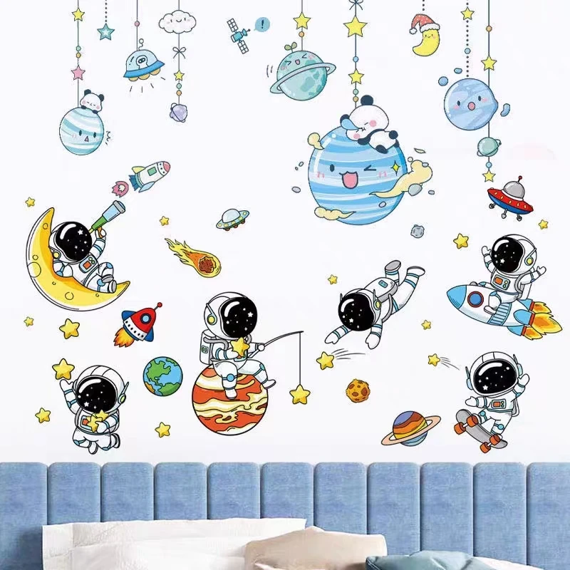 DIY Space Astronaut Wall Decal Boys\' Room Wall Decal  Decorative Children\'s Room Cosmic Sky Background Wall Art Wallpaper