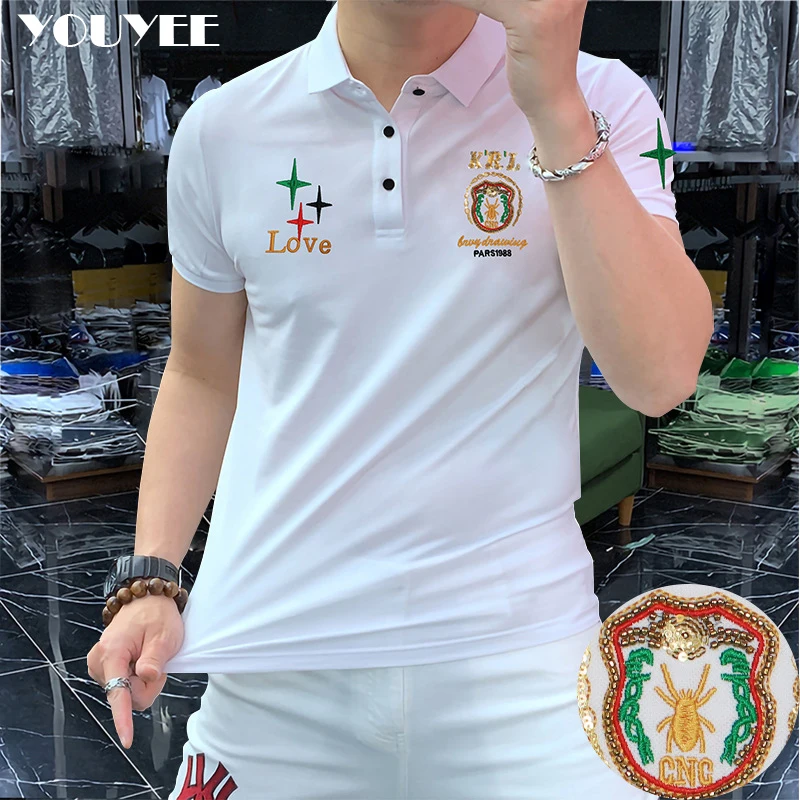 2022 New Polo Men\'s Heavy Craft Embroidery Trendy Male Pink Top Short Sleeved T-shirt Summer High Quality Handsome Man Clothing