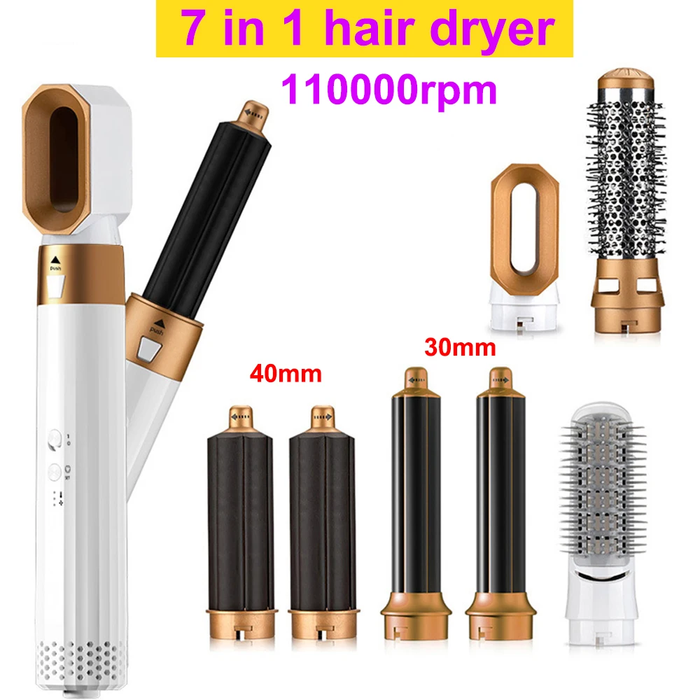 110000rpm High Speed 7 in 1 Hair Dryer Negative Ion Blow Dryer Hot Air Brush Hair Styler Tools with 30mm 40mm Auto-Wrap Curlers