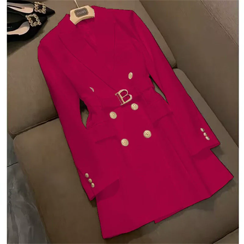 Jaqueta Longa Fena Primavera 2025:  E Estilo Urbano, Ajuste Slim, Tecido Poliéster, Abotoamento Duplo, Cor Pura