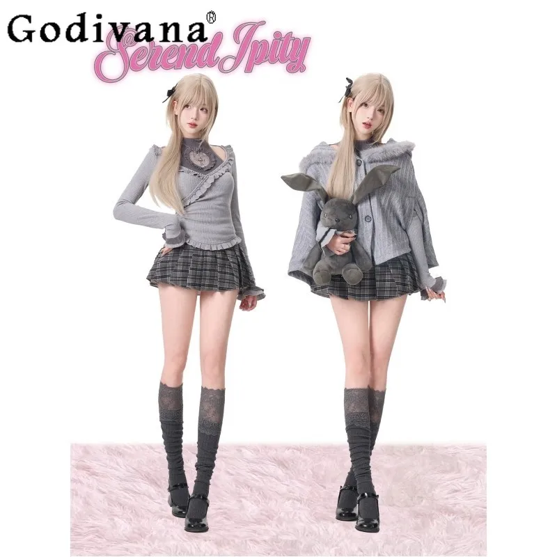 

Модный комплект из трех предметов в стиле Y2K: осенне-зимний базовый слой, плащ, универсальный наряд для милых и стильных девушек