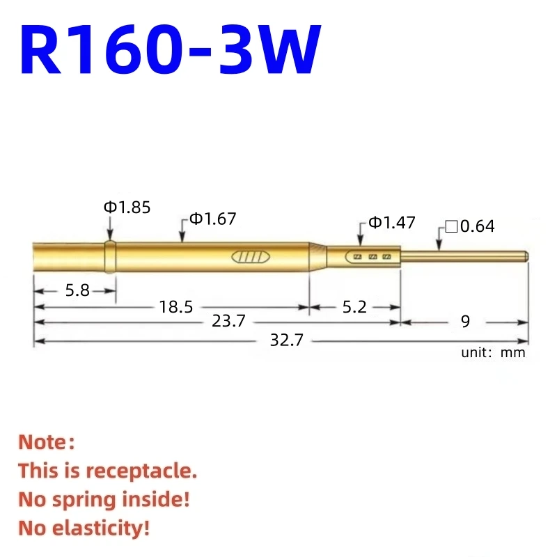 

20/100PCS R160-3W Test Pin P160-B1 Receptacle Brass Tube Needle Sleeve Seat Wire-wrap Probe Sleeve 32.7mm Outer Dia 1.67mm