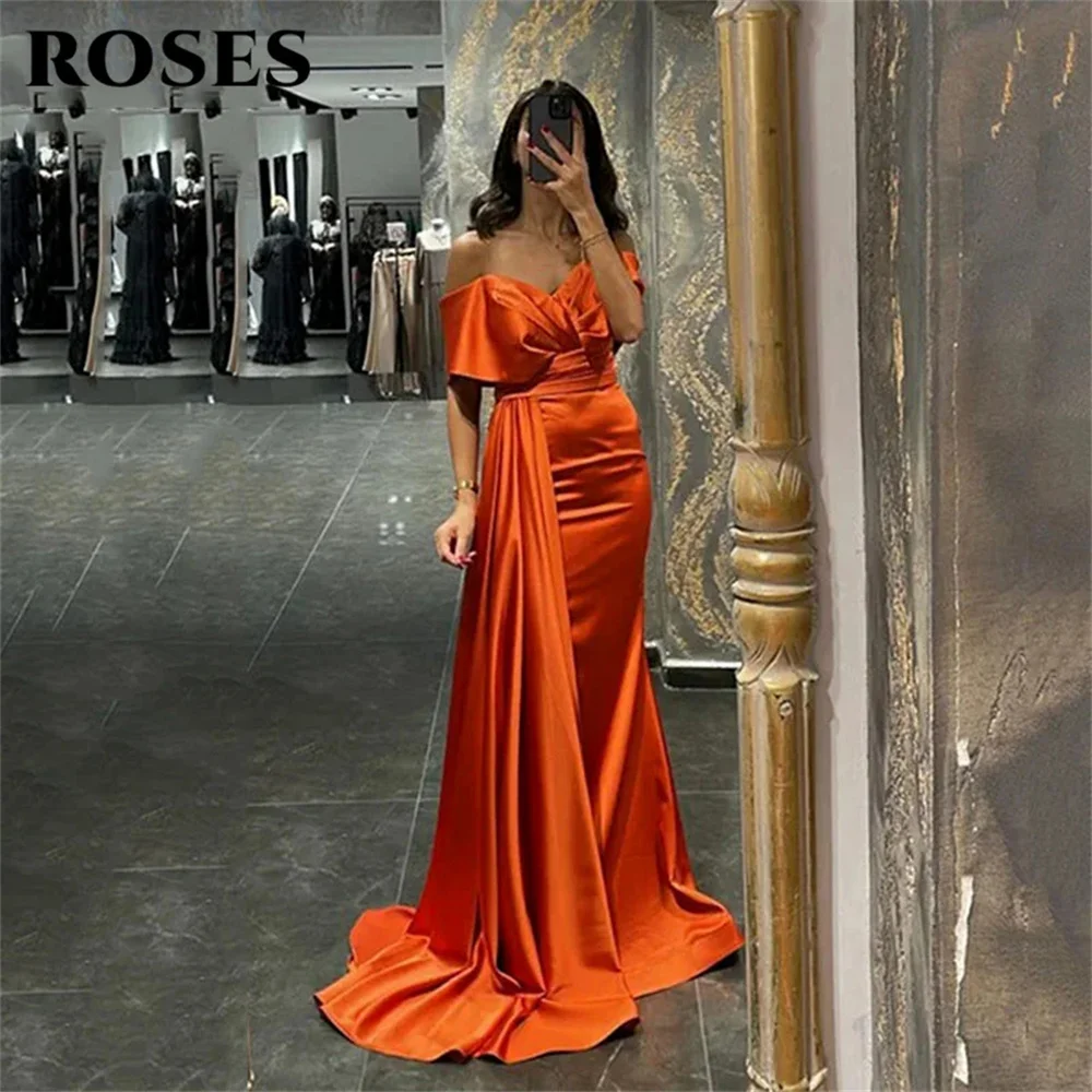 

ROSES Simple Orange Party Dress Off The Shoulder Short Sleeves Mermaid 프롬드레스 Wrap Hips Prom Dress Sweep Train Evening Dresses