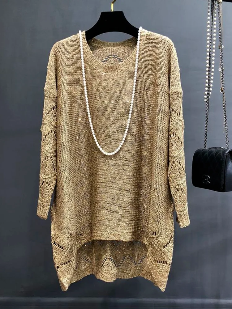

Autumn New Women Sweaters Loose Sequins Glittering Female Knitted Dress Purple Sweater