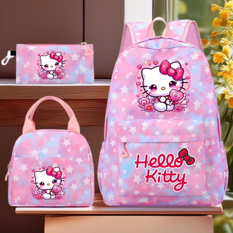 

Красочный рюкзак Hello Kitty, 3 шт./компл., для женщин, повседневные школьные сумки с сумкой для обеда, студенческий подростковый рюкзак для девочек и мальчиков