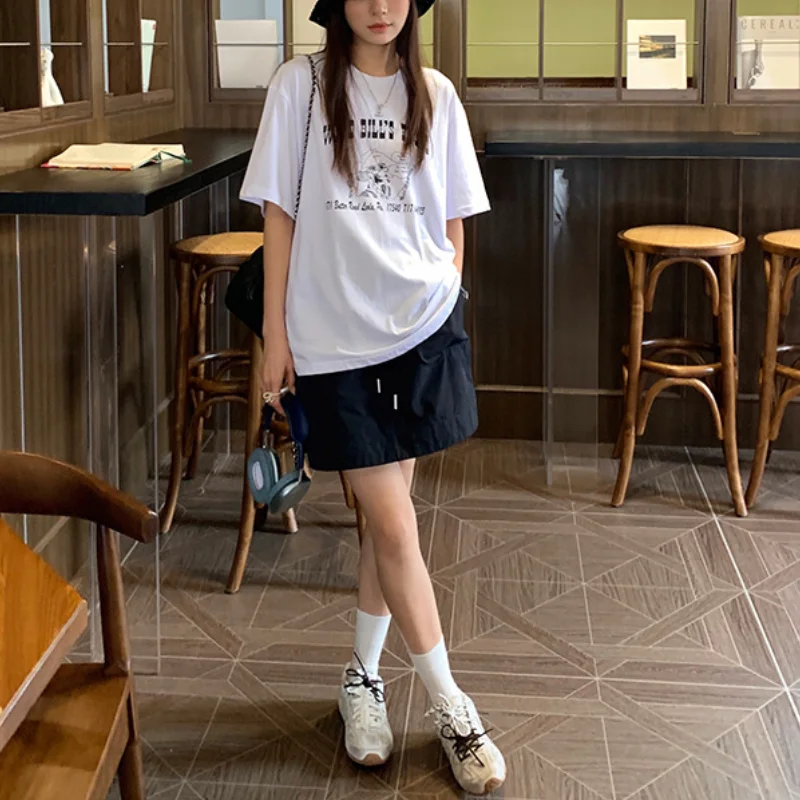 Korean Style Retro Fashion High Waist Drawstring Cargo Short Skirt for Women College Students Dark Blue Chic A-line Summer Skirt