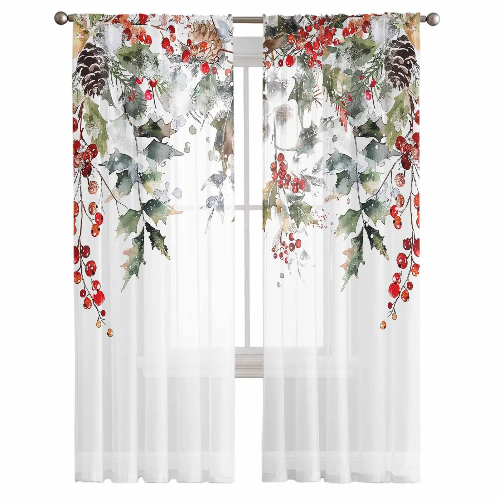 Christmas Cedar Cones Berries Eucalyptus Leaves Tulle Curtains for Living Room Modern Chiffon Sheer Voile Christmas Curtains