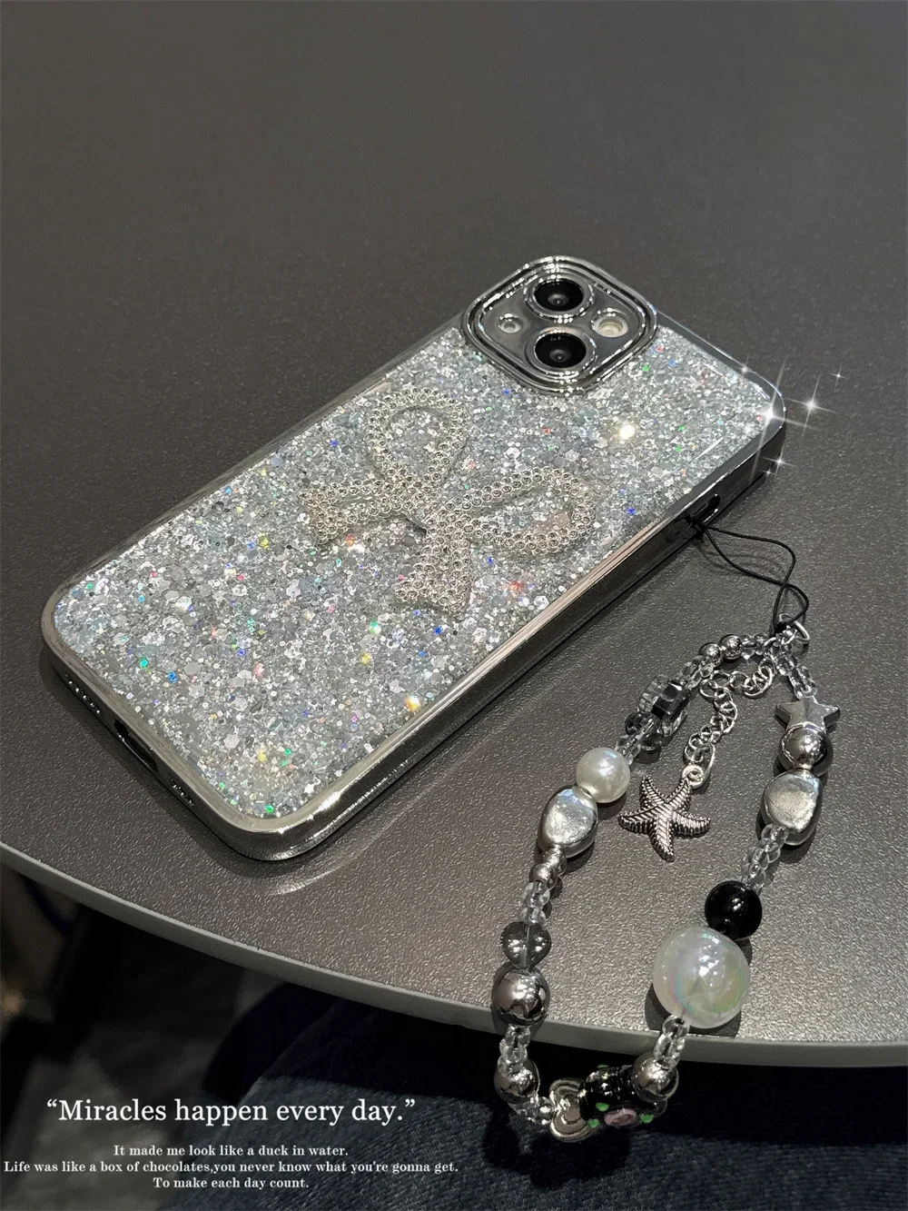 Luxury Glitter Diamonds Bow Phone Case Cute Bracelet Chain Cases Silver Color Protection Cover iPhone 14 13 15 Pro Max