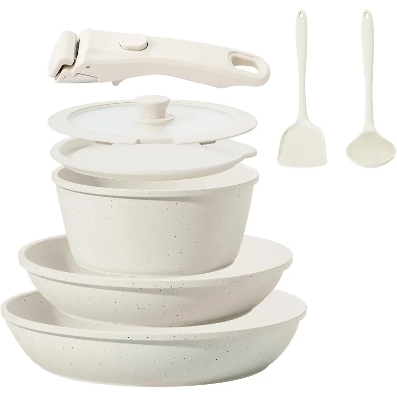 

8PCS Ceramic Cookware,Nonstick Ceramic Pan, Removable Handle Pots and Pans Set, Stackable Pan Set, Nonstick Pots