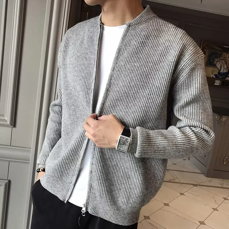 

Men Cardigan Solid Color Knitted Jacket Stylish Men's Zipper Closure Sweater Coat with Stand Collar Elastic Knit Outerwear