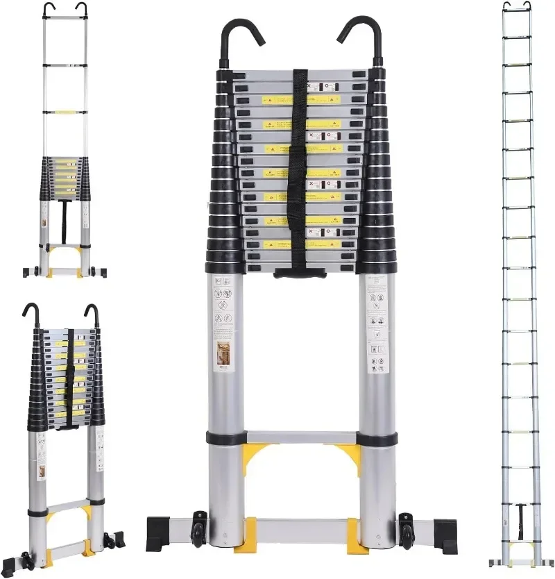 

26.2FT Telescoping Aluminum Extension Ladder, Telescopic Ladder with Hooks，330lbs Capacity, Multi-Purpose Collapsible for Home