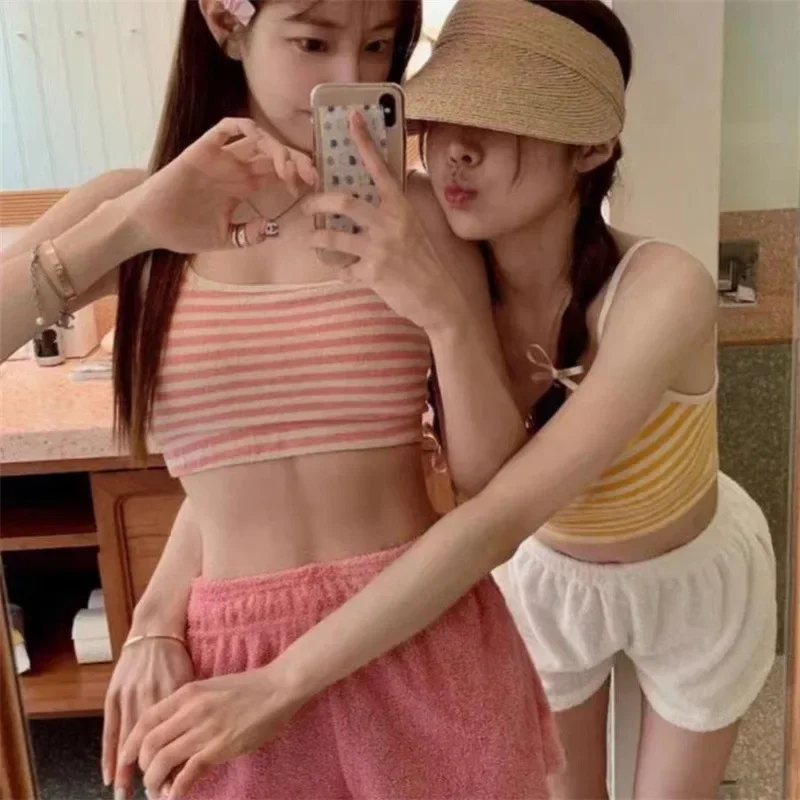 

New Sexy Pink Striped Bikinis Two Pieces Swimsuit Women Swimwear with Short Beach Wear Bathing Suits Korean Bikini Set Pool 2025