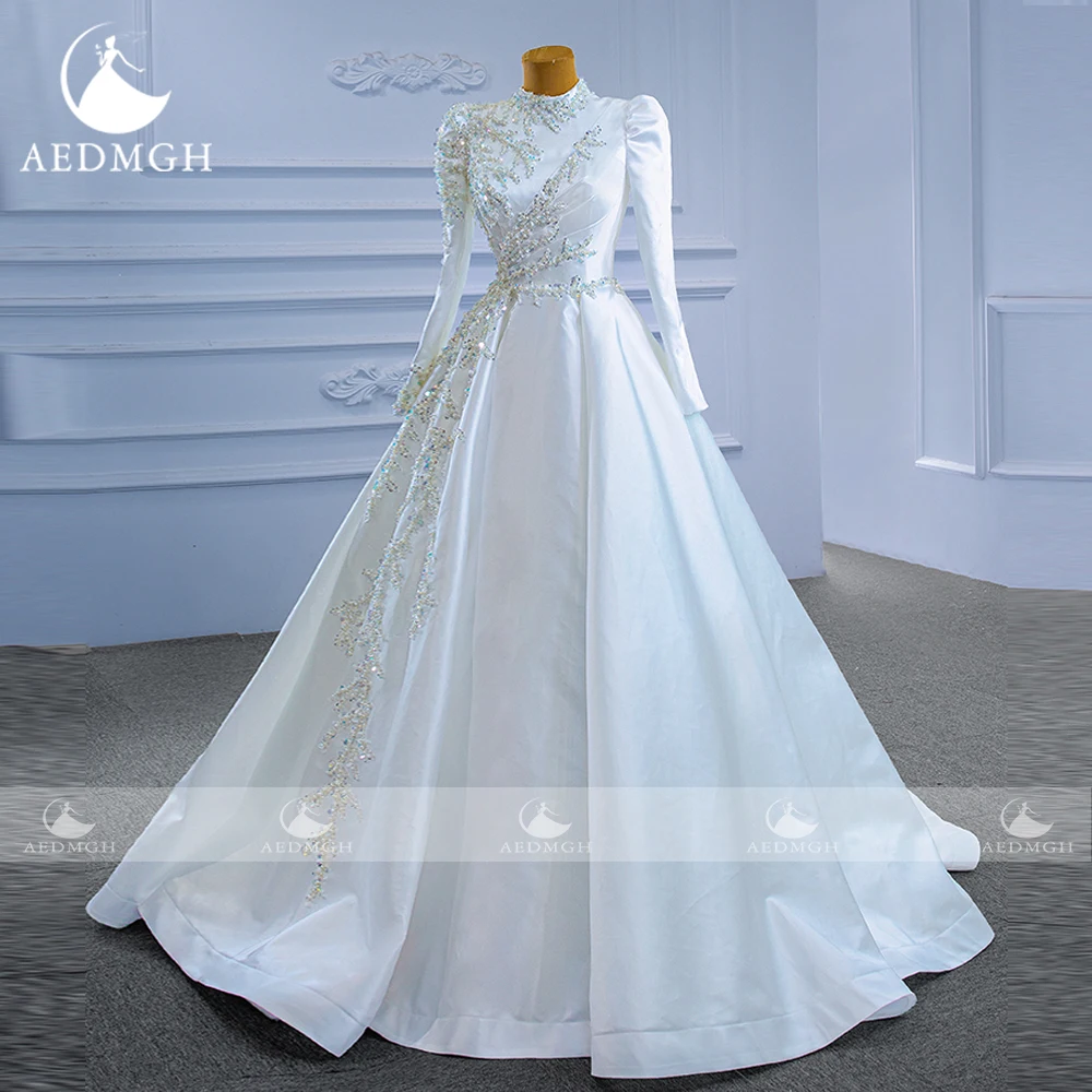 Aedmgh a-line abiti da sposa principessa 2024 collo alto manica lunga Robe De Mariee elegante perline paillettes raso Vestido De Novia