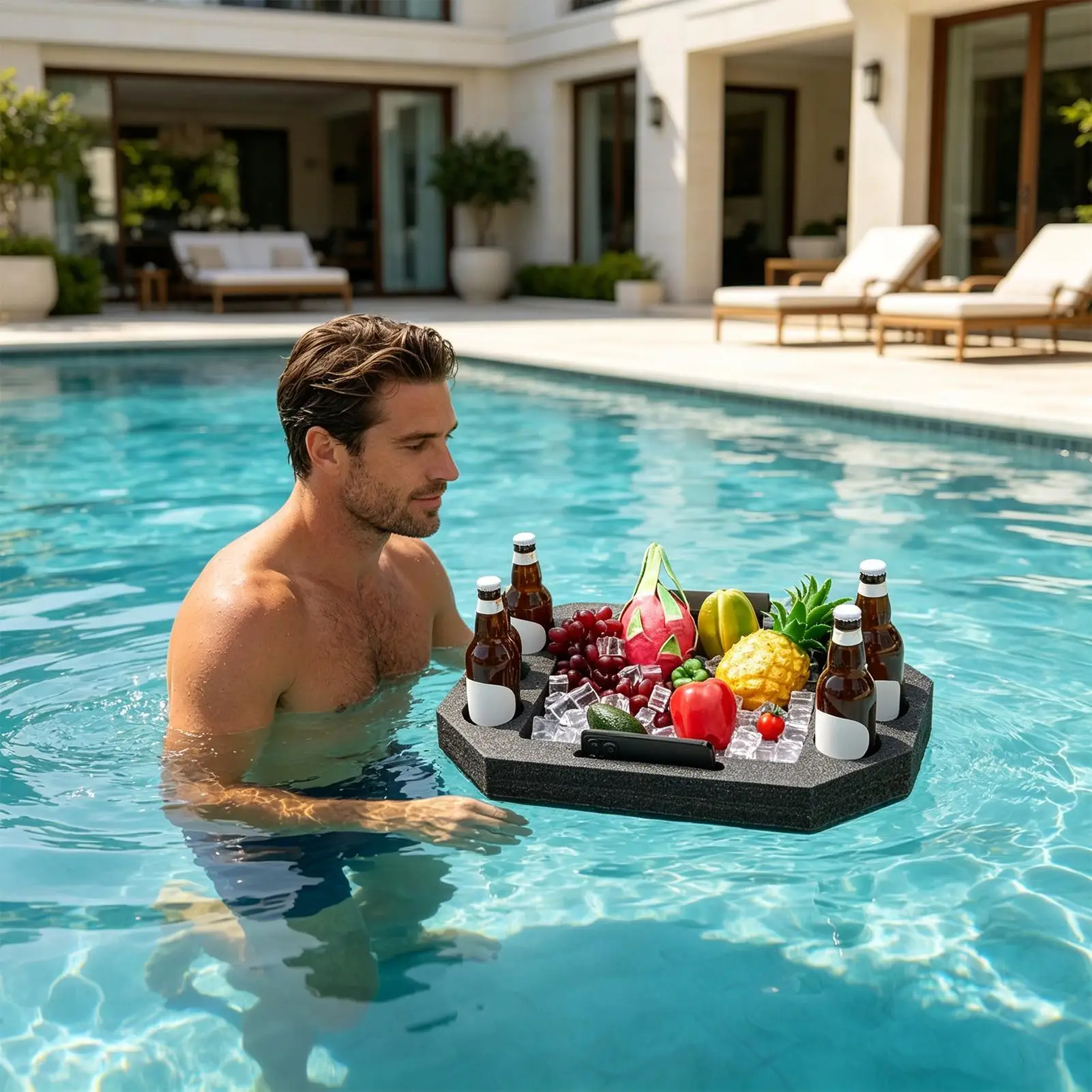 Waterproof Floating Pool Tray with Built in Dividers Large Party Board for Lake Beach River Swimming Poolside Outdoor Party