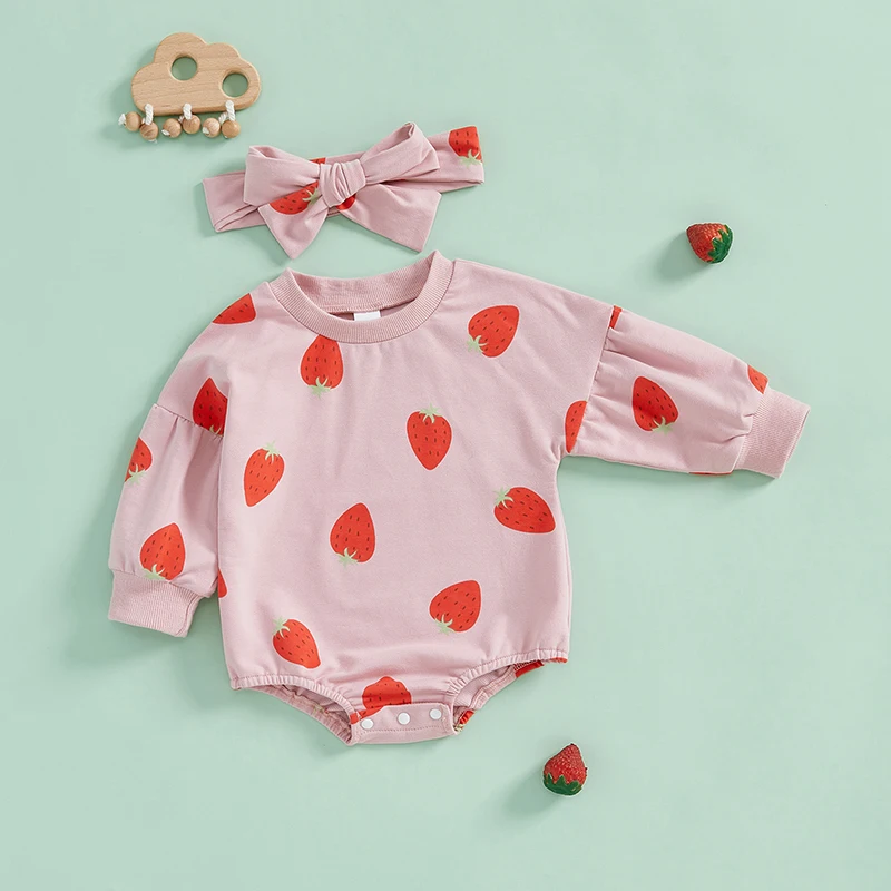 Lovely Baby Girls Spring Autumn Rompers Long Sleeve O Neck Strawberry Print Loose Sweatshirts Romper with Headband Outfits