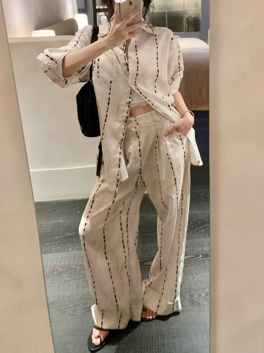 Alien Kitty-Conjuntos sueltos informales para mujer, camisas de manga larga con estampado de protección solar, pantalones de pierna ancha suaves, elegantes, para oficina