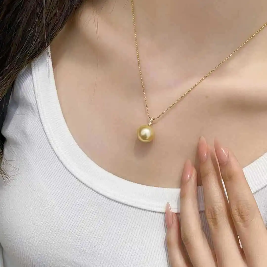 

13-14mm Natural Premium South Sea Golden Pearl Pendant, 18K Gold Round Pearl Necklace with Free Silver Chain, Luxury Jewelry