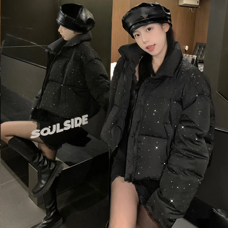 Women Winter Down Cotton Jacket New Quilted Slim Fit Coat with Brick Decor Casual Outerwear AU-280  Winter Jacket Women