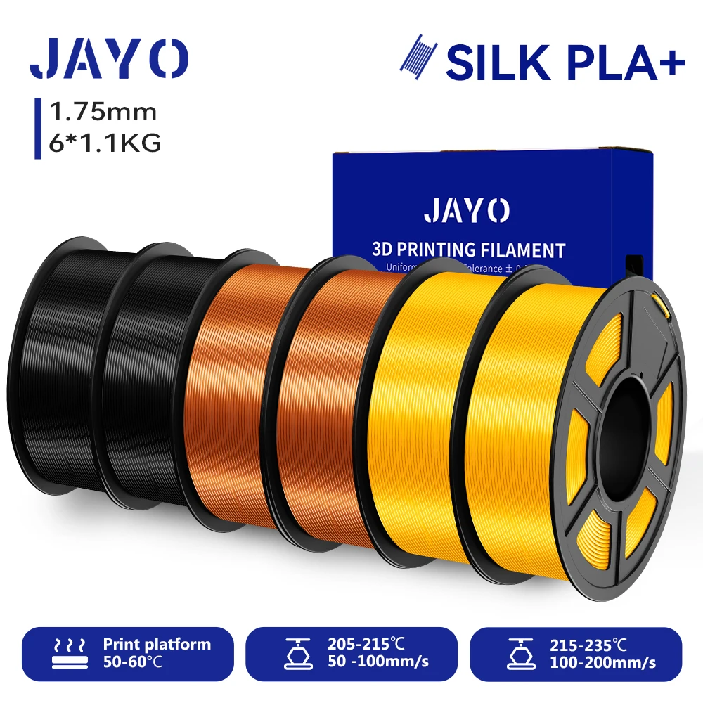 JAYO 6 Rollen SILK PLA + Filament 1,75 mm SILK PLA Plus Filament, glatte, seidige, glänzende Oberfläche, 3D-Filament, geeignet für FDM-Drucker