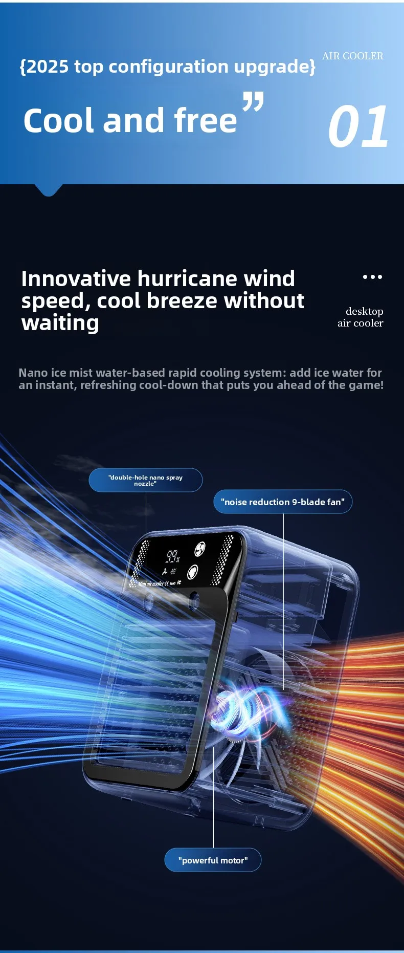 USB Mist Humidifying Air Cooler Fan, Rechargeable Desktop Water-Cooled Cooling Fan for Dorm, Portable Air Cooler