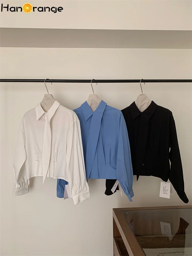 HanOrange 2025 Unique Scarf Collar Irregular Shirt Women Long Sleeve Spring Summer Temperament Top White/Blue/Black